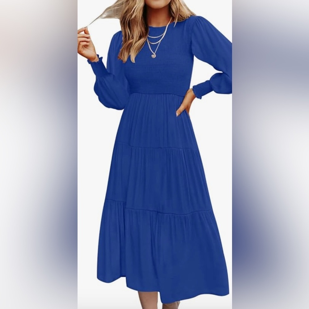 nwt-Casual Long Sleeve Crew Neck
High Waist Smocked Flowy Tiered Midi Dress‎